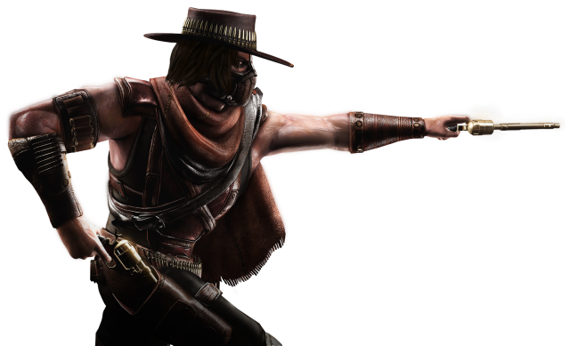 Mortal Kombat XL render of Erron Black pointing one gun and pulling another from its holster.
