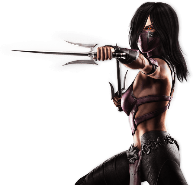 Mileena from Mortal Kombat XL combatively holding her tridents.