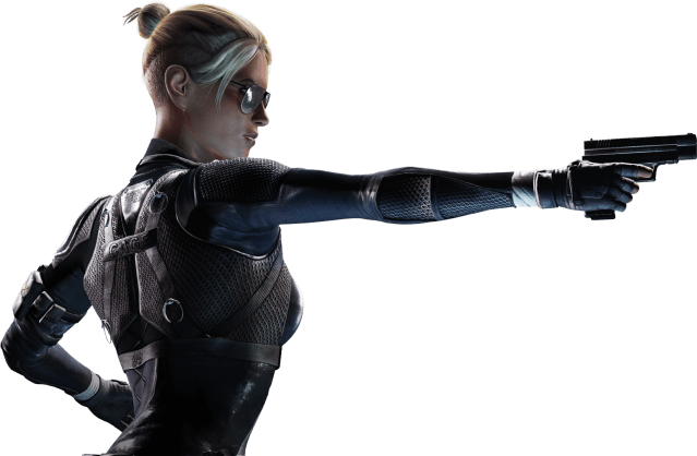 An image of Cassie Cage from Mortal Kombat XL showing her pointing a gun.