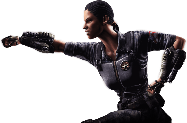 Render from Mortal Kombat XL showing Jacqui Briggs turned sideways and holding a combative stance.