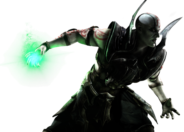 Mortal Kombat XL render showing Quan Chi combatively leaning and holding a green ball of energy.