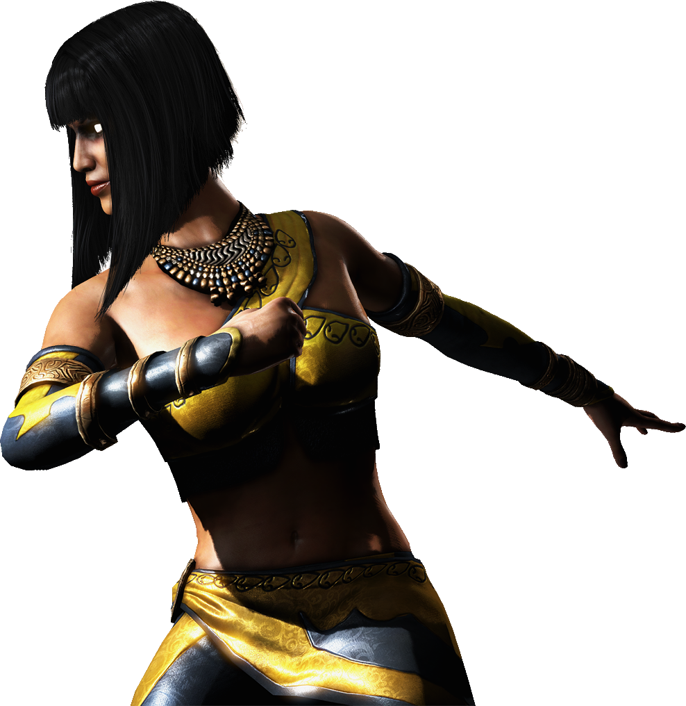 Render of Tanya from Mortal Kombat XL leaning isdeways with one arm stretched.