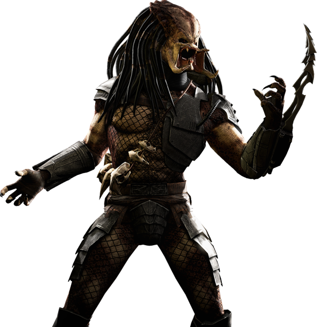 Mortal Kombat XL render of an unmasked Predator holding his arm and blade up.