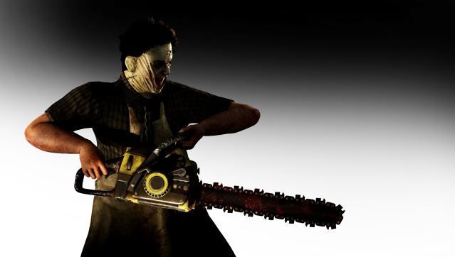 Mortal Kombat XL render of Leatherface holding and operating a chainsaw.