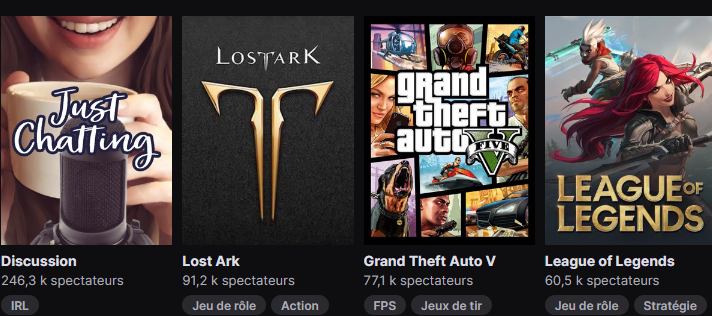 Top of Twitch categories, including Just Chatting and Lost Ark.