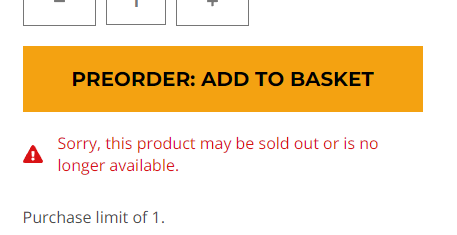 Error message showing the Pokémon TCG Classic set is unavailable for pre-order.