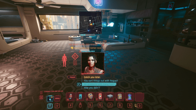 V's apartment in Cyberpunk 2077 featuring edited HUD elements.