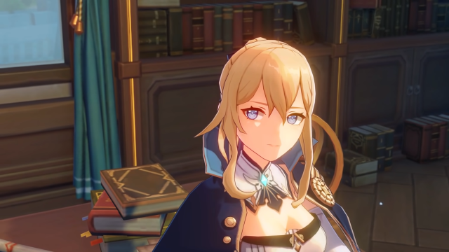 A close up shot of Jean leaning back on her desk and looking to the side slightly.