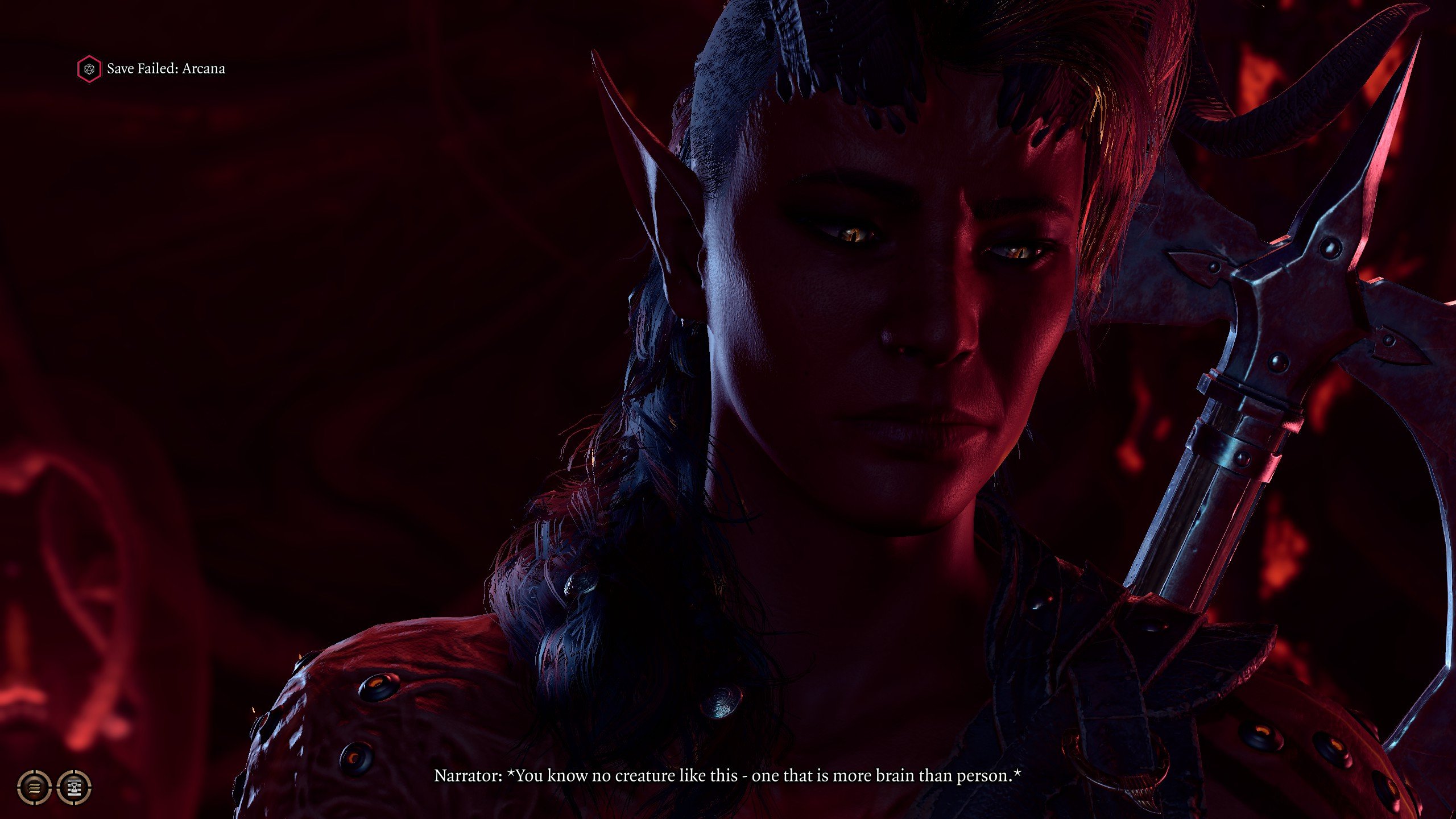 A red, demonic looking Tiefling with a battle axe named Karlach in Baldur's Gate 3.