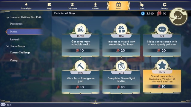 The duties page of the Haunted Holiday Star Path.
