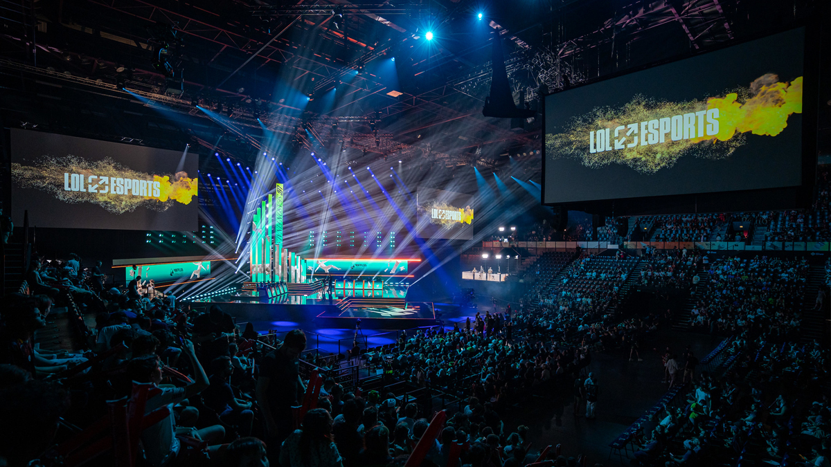 A crowd cheers at a stadium, watching the LEC 2023 Summer playoffs.