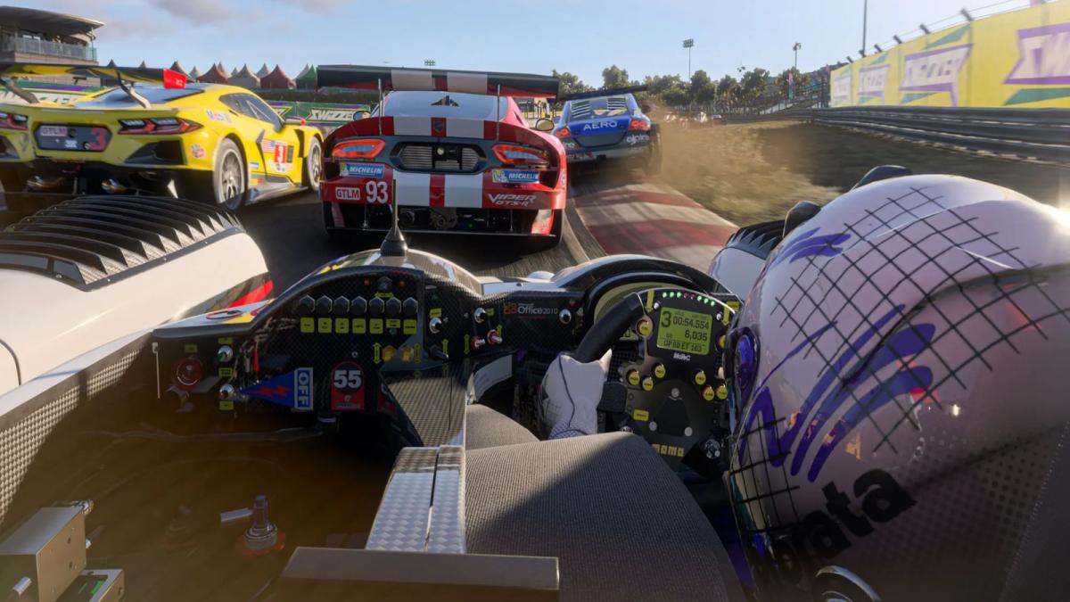 A driver behind the wheel of an open-top car in a race in Forza Motorsport.