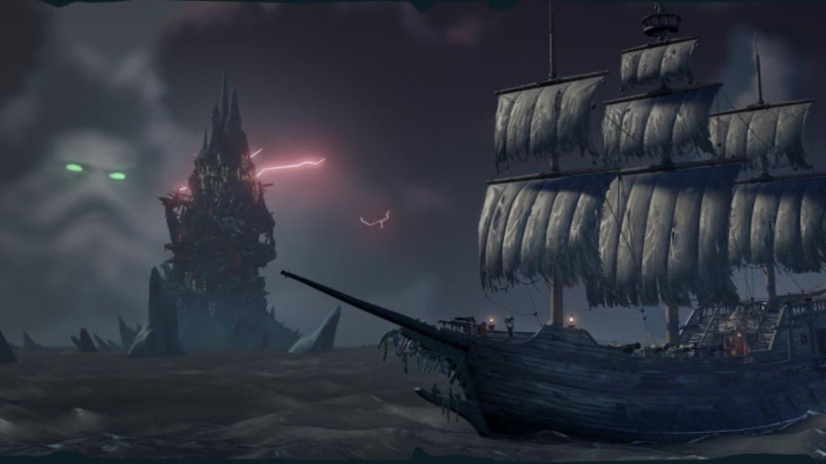 Two ships in a storm in Sea of Thieves.