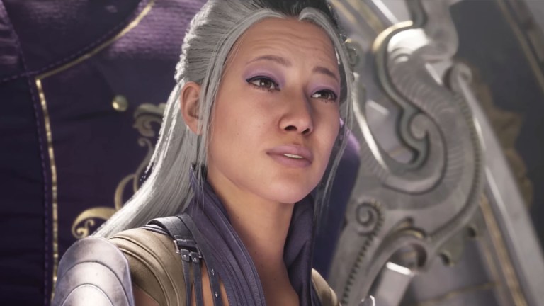 There is an image of Queen Sindel. She has partially white hair and is in her palace.