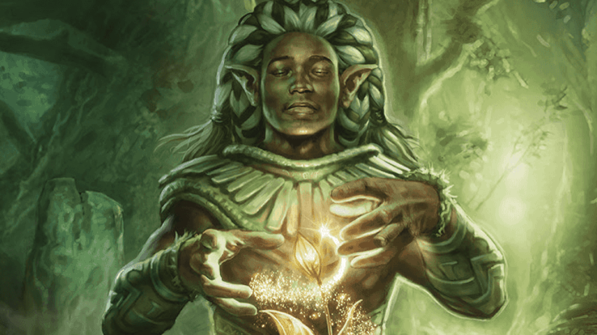 An elven man with dark skin, wild hair, and a green breastplate channels soft, yellow magic in his hands in a natural grove of MtG.