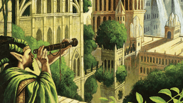 An elven man in green robes uses a telescope to look across a massive forested city in MtG.