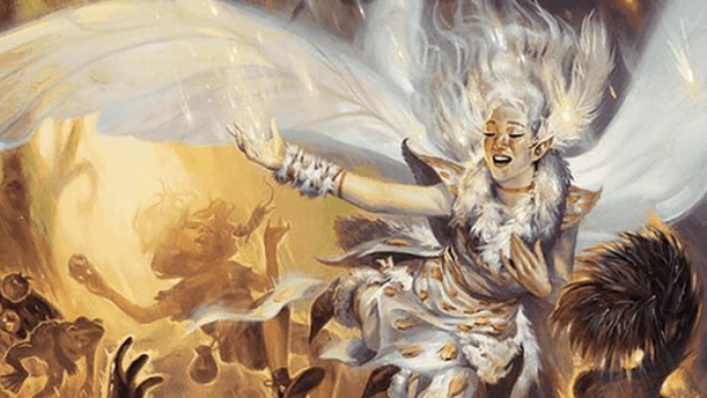 An angelic figure from MtG flies above a few monstrous creatures, singing to them. The monstrous creatures are laughing.