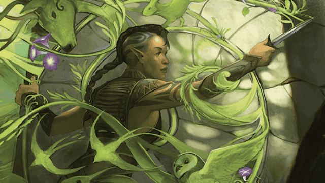 A woman with a ponytail and leather armor holds a dagger upwards as natural vines and spirits surround her in MtG.