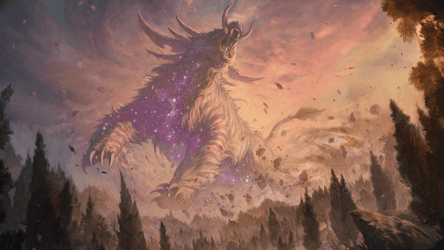 A gigantic. four-legged monstrosity, somewhat reminiscent of a mutated bear, roams largely above the forested foreground in this MtG art.
