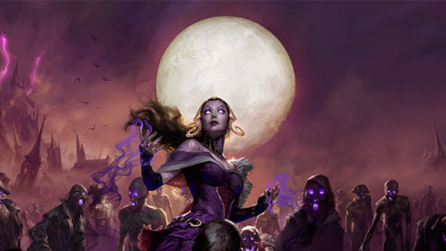 A female mage with pale skin and purple eyes stands under the full moon, zombie drones walking around her, in MtG.