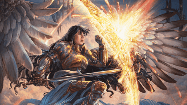 An angel in a breastplate with a sword holds up a golden shield to deflect a bolt of fire in MtG.
