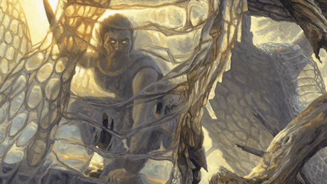 A man hides behind a cloak of snakeskin in MtG. The man's eyes glow.