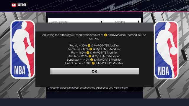 Message explaining how VC and MyPOINTS scale with MyCAREER difficulty modes in NBA 2K24