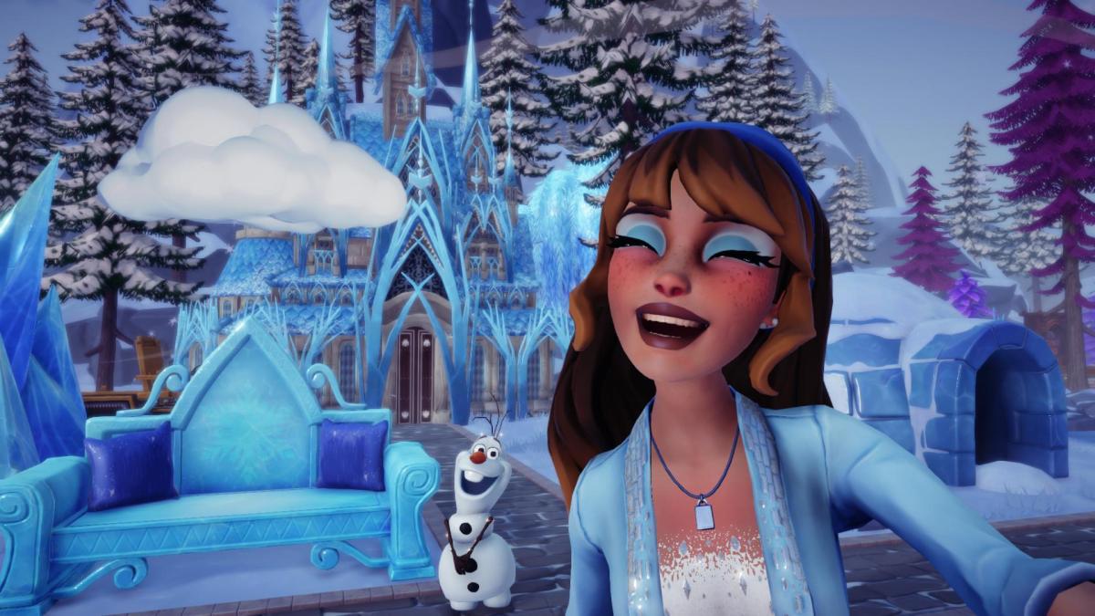 The player taking a selfie with Olaf in the Frosted Heights biome.