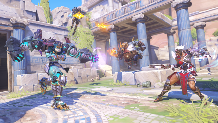 Overwatch 2 Junker Queen, Pharah, Rammatra, and Roadhog fighting in greek-themed skins