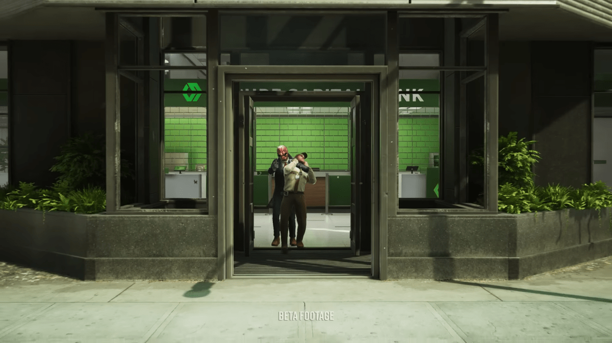 A heister with a clown mask leaves a bank using a hostage as a human shield.