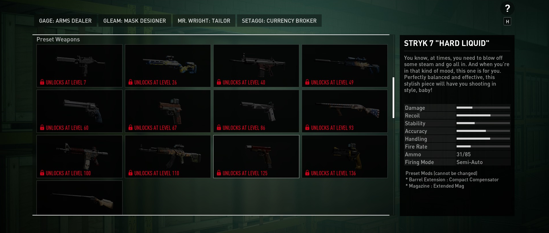 The Payday 3 weapon menu showing all preset weapons at launch.