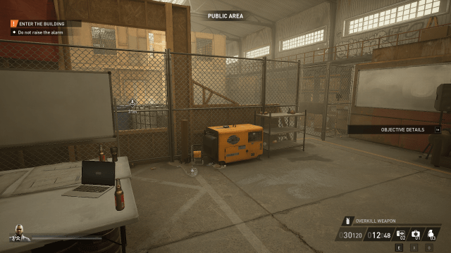 Displays a screenshot from the training in Payday 3 with low graphics settings.