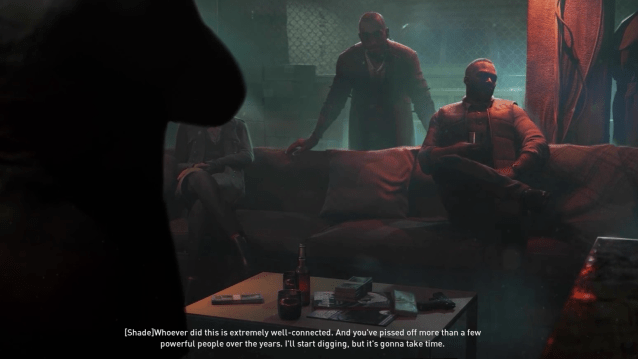 Displays a scene from the first animated cutscene in Payday 3.