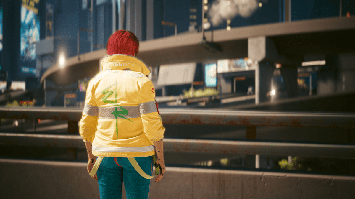 A screenshot of female V wearing the David Martinez jacket in Cyberpunk 2077