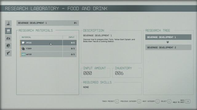 A screenshot from Starfield showing the Research Lab menu. The Beverage Development I project is highlighted, showing the necessary ingredients: Spice, Fiber, and Water.