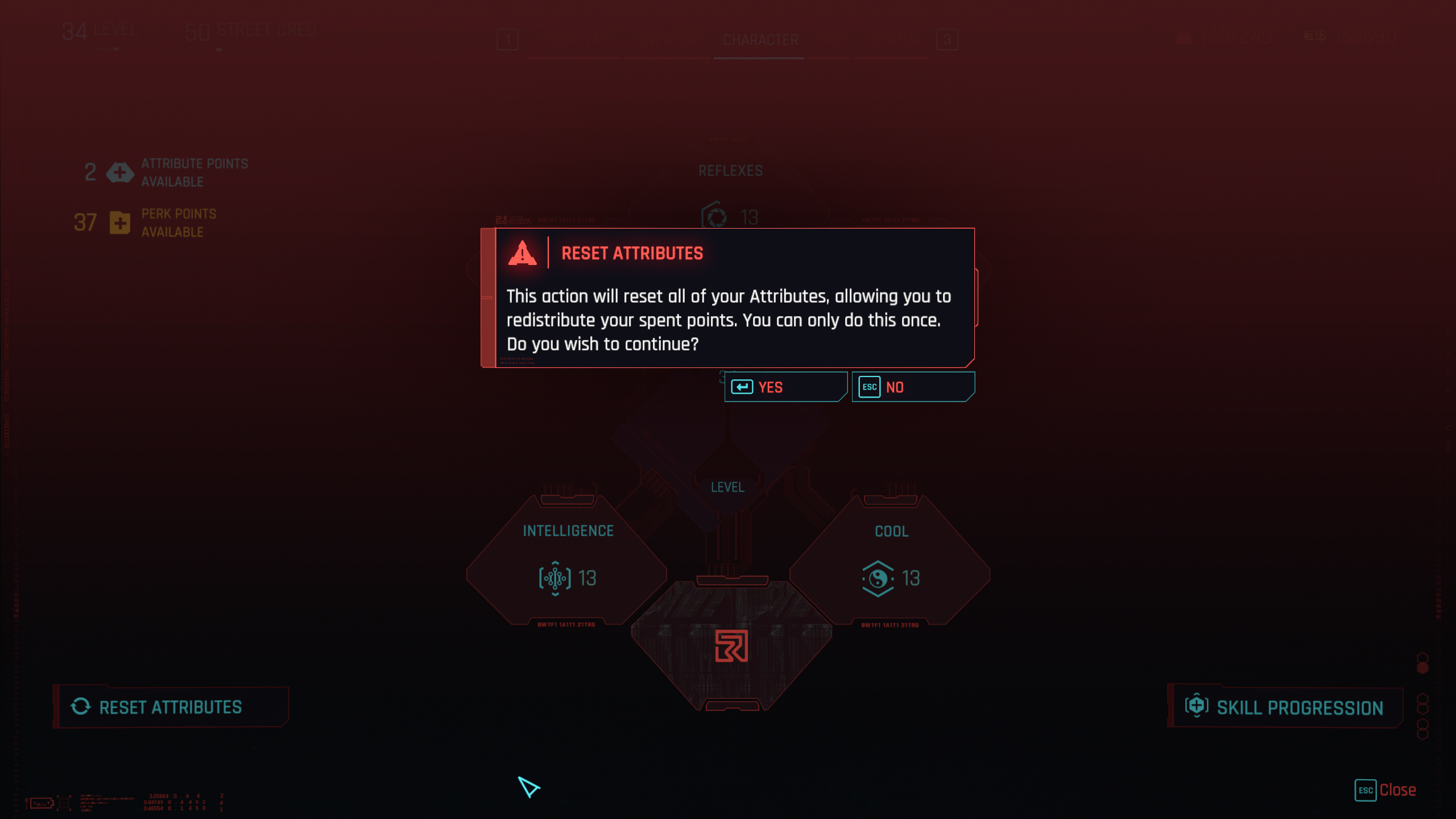 Reset attributes screen in Cyberpunk 2077.