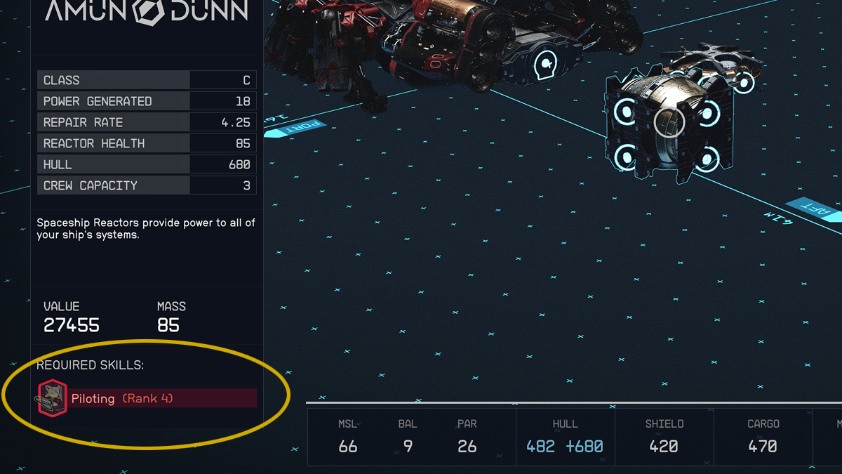 A ship building menu from Starfield with the Required Skills screen marked.