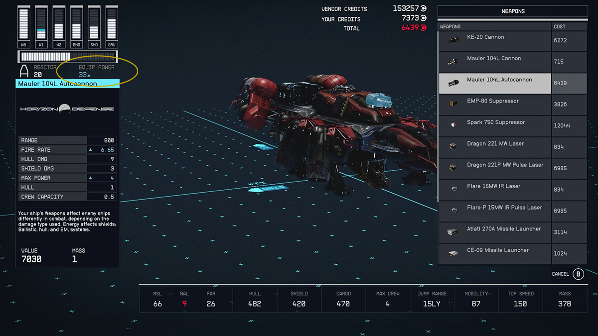 A ship building menu from Starfield with the Mauler 104L Autocannon selected.