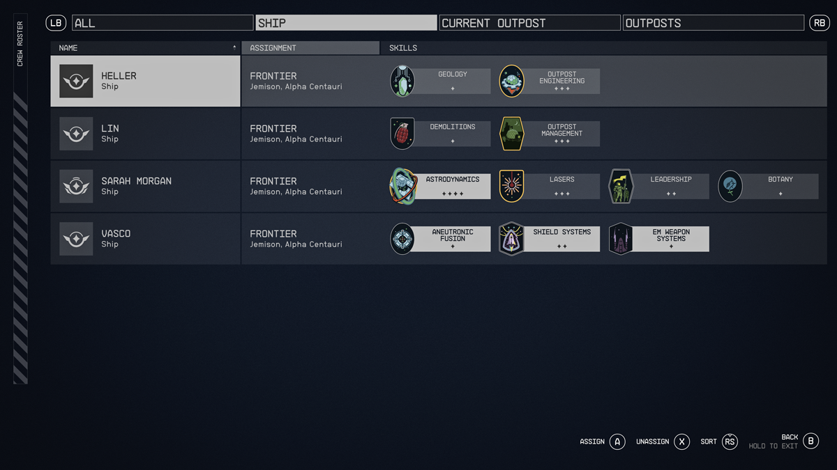 A crew menu from Starfield. 