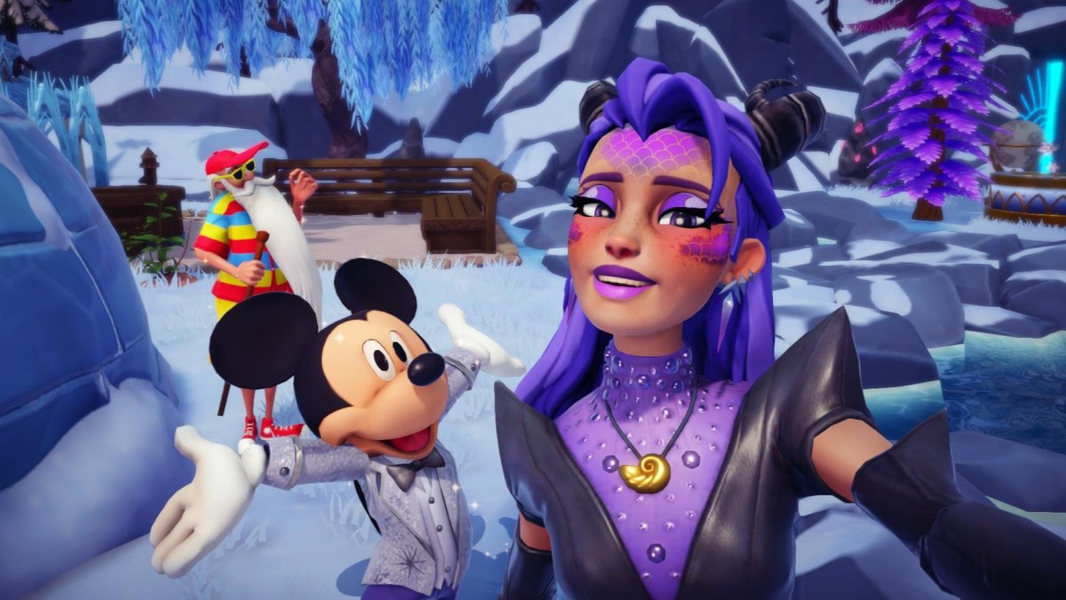 The player taking a selfie with Merlin and Mickey Mouse.