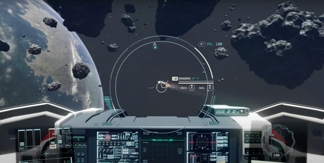 A screenshot of Starfield's Grandma ship from distance.