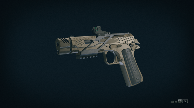 A view of the XM-2311 in Starfield, an updated version of the classic M1911 pistol.