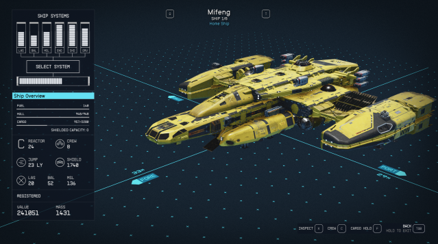 A black and yellow ship, called the Mifeng, is inspected in Starfield's ship menu. Its Ship Class is C, the highest attainable level.