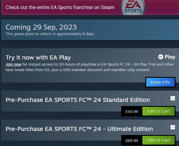 Purchase options for EA FC 24 on Steam.