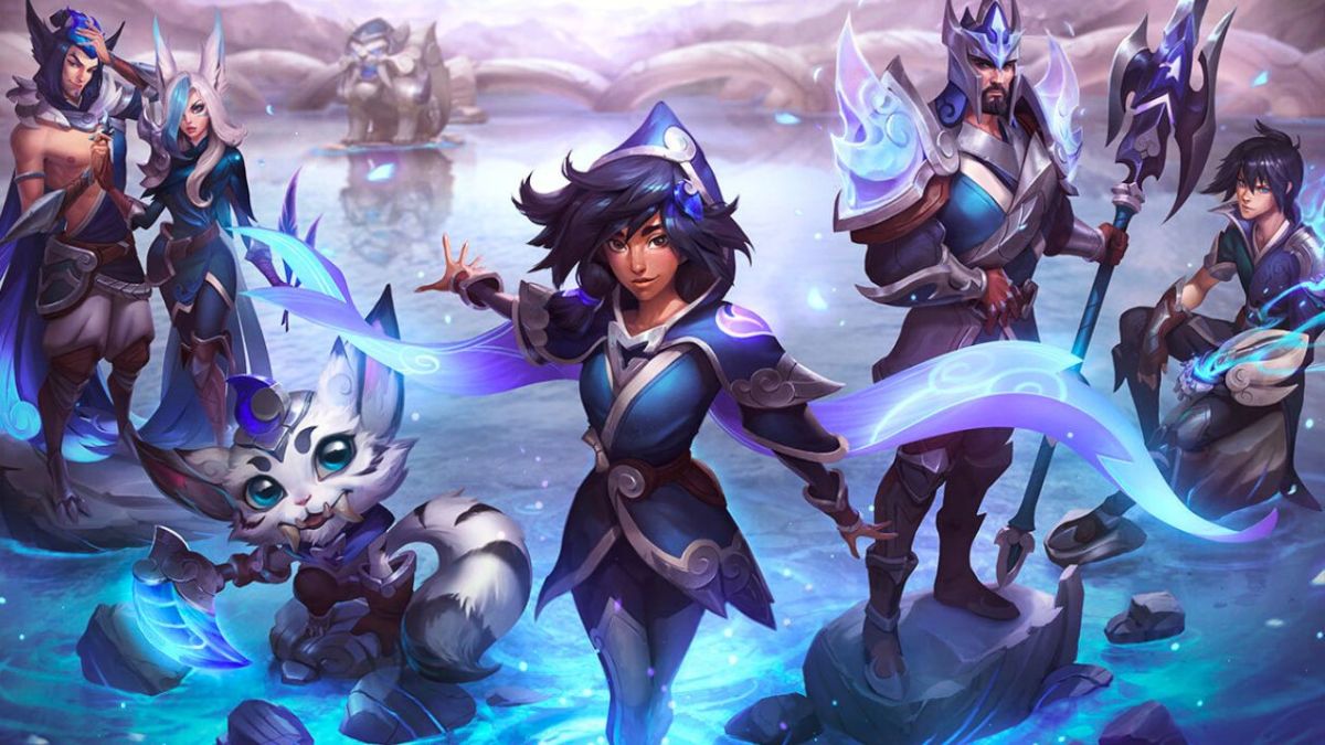 A group of people standing around in blue and purple armor in League of legends