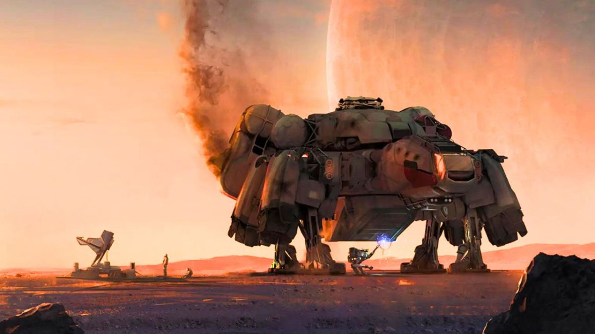 A Space craft being repaired by robots on a desert planet in Starfield