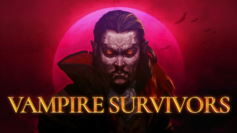 The title card for Vampire Survivors, featuring a vampire with red glowing eyes.