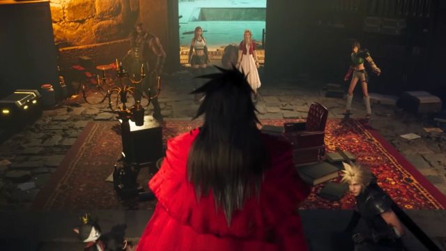 A room full of people including Vincent Valentine in FF7 Rebirth