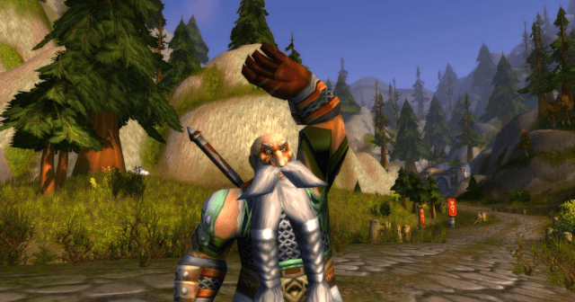 Warcraft Dwarf waving in a forest