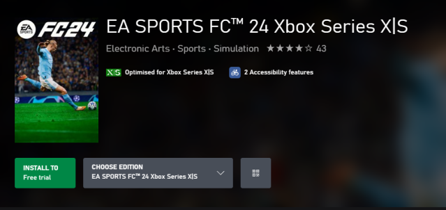 The free trial option for EA FC 24 shown in the Xbox store.
